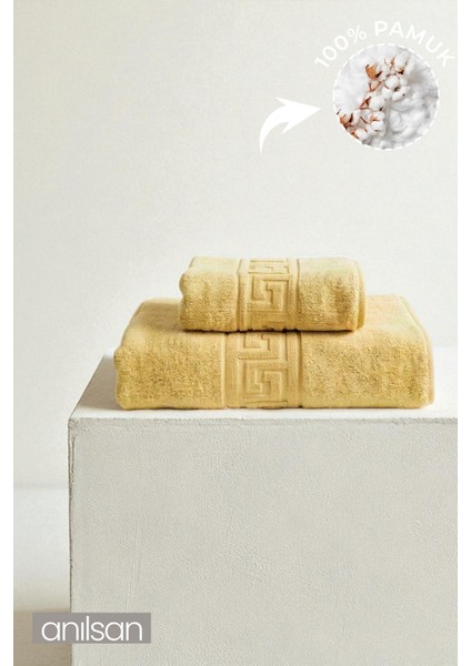 Pamuk 2'li Sarı Greek Havlu Seti - 1 Adet El Havlusu ve 1 Adet Banyo Havlusu