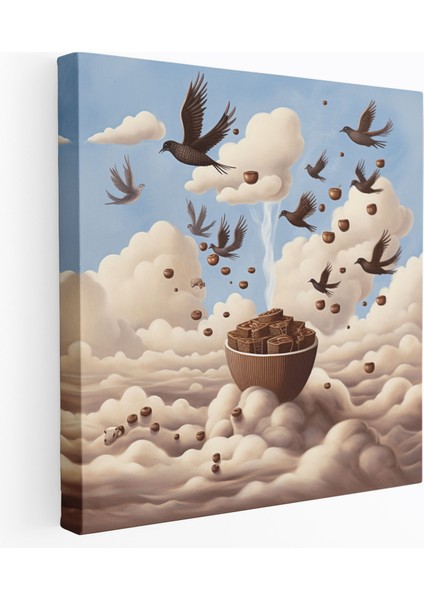Kahve Kuşları Kanvas Tablo - Kahve Ev Dekorasyonu Kanvas Duvar Sanatı Hayalperest Kahve Illüstrasyonu