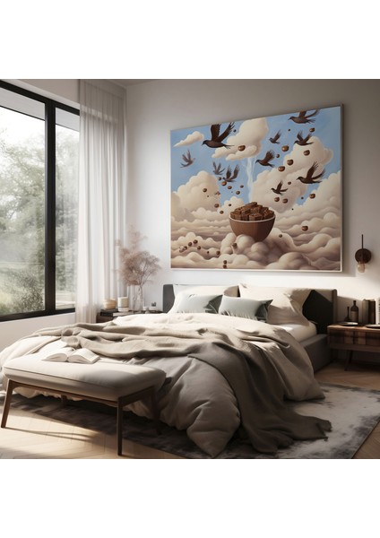 Kahve Kuşları Kanvas Tablo - Kahve Ev Dekorasyonu Kanvas Duvar Sanatı Hayalperest Kahve Illüstrasyonu fiyatları