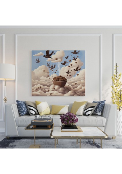 Kahve Kuşları Kanvas Tablo - Kahve Ev Dekorasyonu Kanvas Duvar Sanatı Hayalperest Kahve Illüstrasyonu modelleri