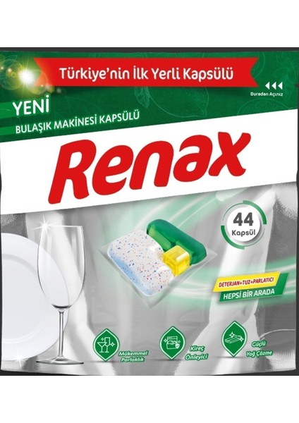Bulaşık Makinesi Kapsülü - 44 Adet, Hepsi Bir Arada: Deterjan, Tuz, Parlatıcı ve Güçlü Yağ Çözücü