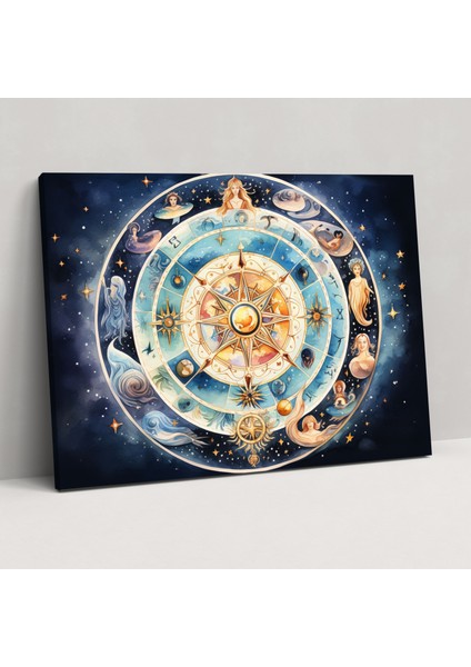 Burçlar Temalı Suluboya Zodyak Burçları Kanvas Tablo - Burçlar Kanvas Tablo Duvar Sanatı Göksel Unsurlar