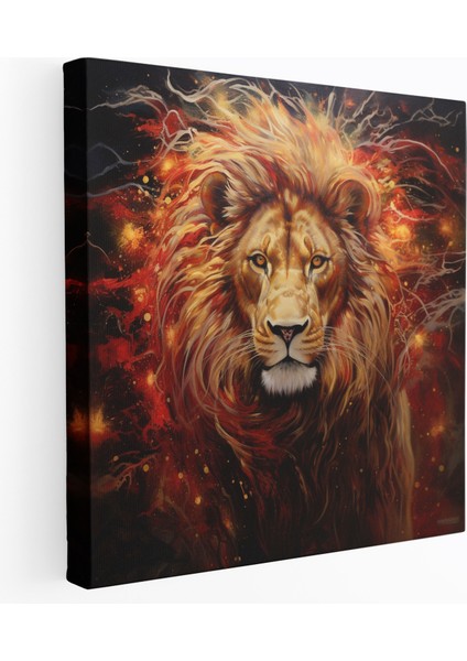 Kırmızı ve Altın Simli Kükreyen Aslan Kanvas Tablo - Simli Duvar Sanatı Cesur Ifade Kırmızı ve Altın