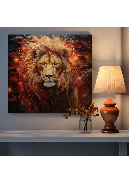 Kırmızı ve Altın Simli Kükreyen Aslan Kanvas Tablo - Simli Duvar Sanatı Cesur Ifade Kırmızı ve Altın modelleri