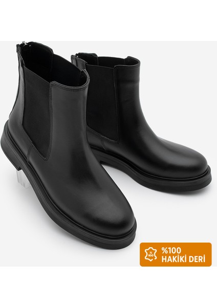 Kadın Hakiki Deri Elastik Yan Bantlı Günlük Bot Kater Siyah
