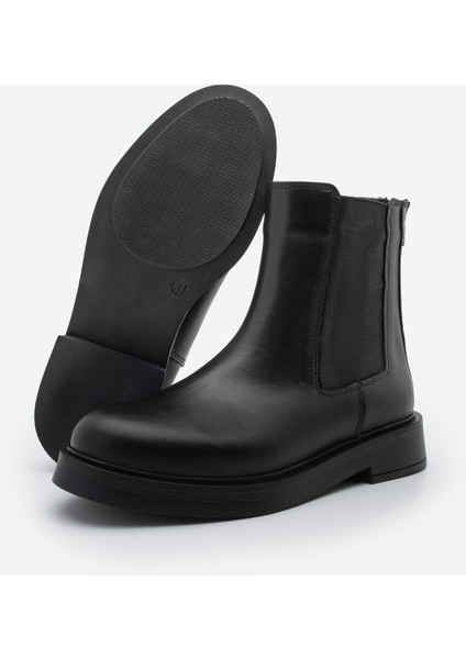 Kadın Hakiki Deri Elastik Yan Bantlı Günlük Bot Kater Siyah