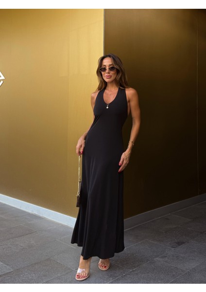 Kadın Siyah Halter Yaka Bodycon Elbise