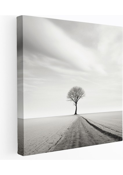 Gri Yalnızlık Manzara Tablosu - Gri Yalnız Ağaç Duvar Dekorasyonu Manzara