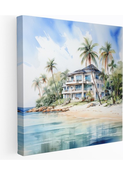 Su Rengi Sahil Oteli Kanvas Tablo - Otel Kanvas Duvar Sanatı Kanvas Su Rengi Sahil Oteli Kanvas Tablo