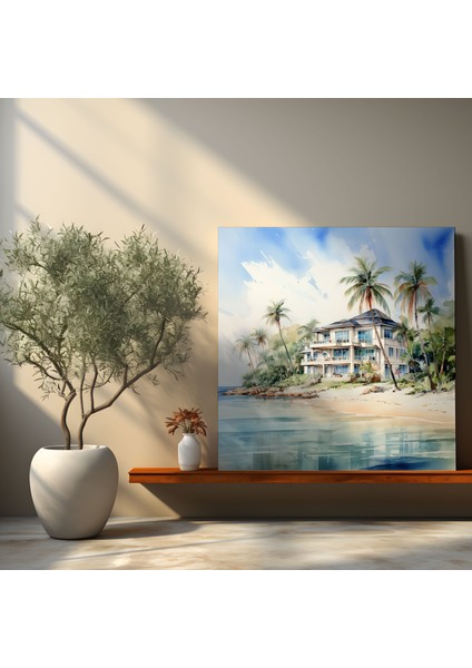 Su Rengi Sahil Oteli Kanvas Tablo - Otel Kanvas Duvar Sanatı Kanvas Su Rengi Sahil Oteli Kanvas Tablo modelleri