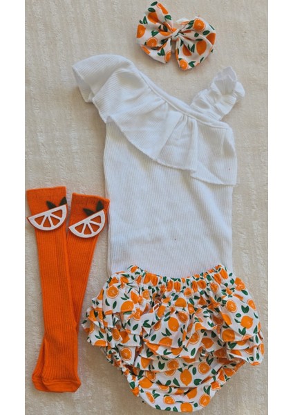 Kız Bebek Ribana Beyaz Tek Kol Askılı Çıtçıtlı Body Fırfırlı Desenli Etek Bandana Çorap Set