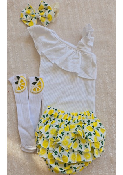 Kız Bebek Ribana Beyaz Tek Kol Askılı Çıtçıtlı Body Fırfırlı Desenli Etek Bandana Çorap Set