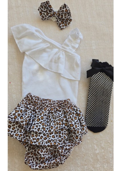 Kız Bebek Ribana Beyaz Tek Kol Askılı Çıtçıtlı Body Fırfırlı Desenli Etek Bandana Çorap Set