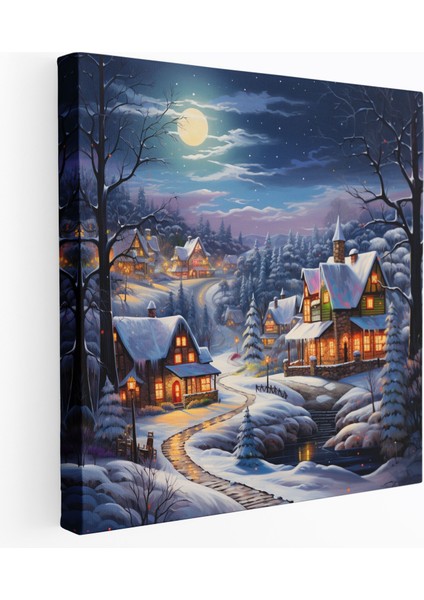 Noel Kar Manzaralı Kanvas Tablo - Noel Karlı Kış Manzarası Kutlamalı Yağlı Boyama Duvar Dekorasyonu