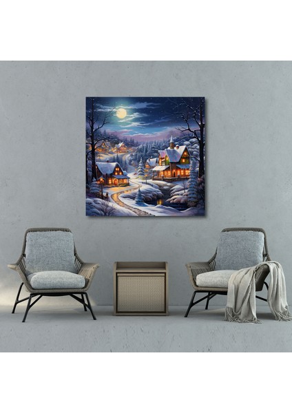 Noel Kar Manzaralı Kanvas Tablo - Noel Karlı Kış Manzarası Kutlamalı Yağlı Boyama Duvar Dekorasyonu fiyatları
