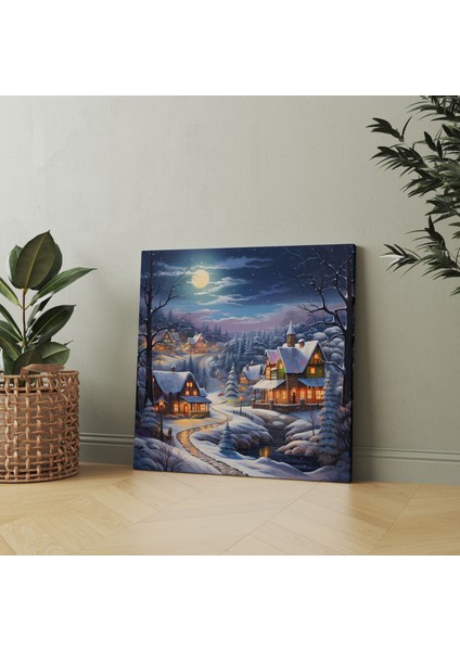 Noel Kar Manzaralı Kanvas Tablo - Noel Karlı Kış Manzarası Kutlamalı Yağlı Boyama Duvar Dekorasyonu modelleri