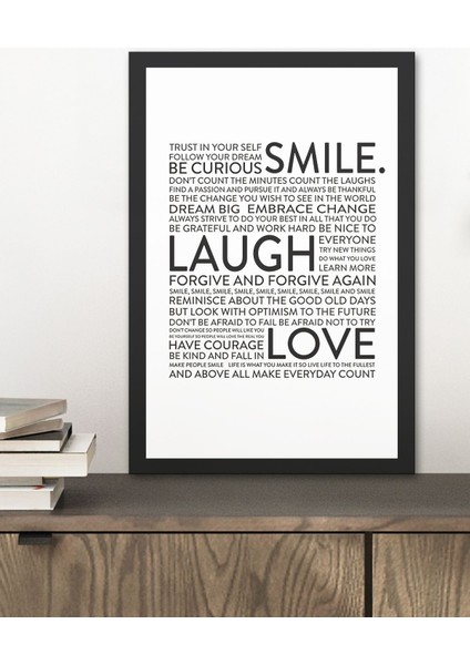 1 Adet Smile Laugh Love Yazılı Ahşap Siyah Çerçeve Görünümlü Mdf Tablo