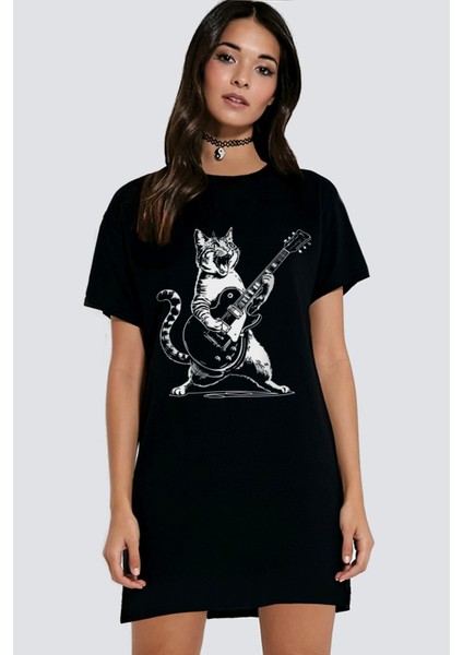 Sarman Rock Siyah Kısa Kollu Penye Kadın T-Shirt Elbise