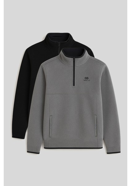 Dik Yaka Yarım Fermuarlı 2li Paket Siyah-Gri Melanj Erkek Polar Sweatshirt - 87891