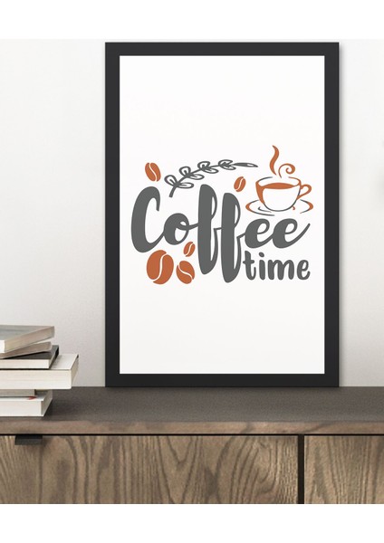 1 Adet Coffee Time Yazılı Ahşap Siyah Çerçeve Görünümlü Mdf Tablo