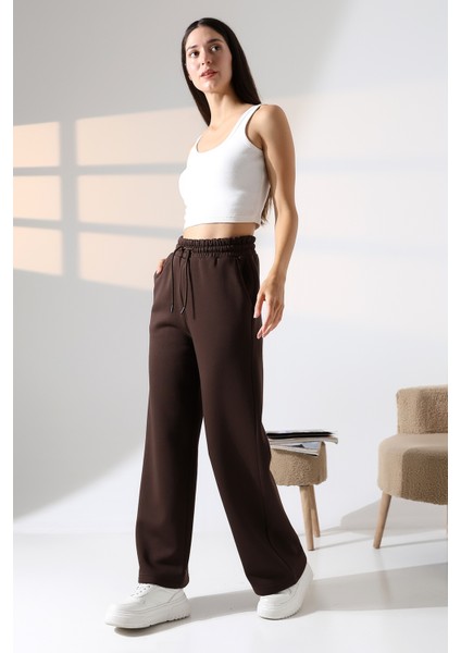 Şardonlu Penye Kompakt Paçası Geniş Kışlık Palazzo Eşofman Altı 21776 Kahve