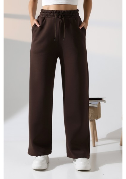 Şardonlu Penye Kompakt Paçası Geniş Kışlık Palazzo Eşofman Altı 21776 Kahve modelleri