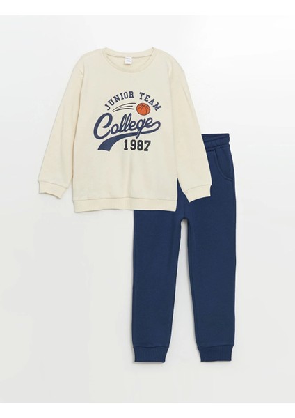 Lcw Kids Bej Bisiklet Yaka Baskılı Erkek Bebek Sweatshirt ve Eşofman Alt 2'li Takım