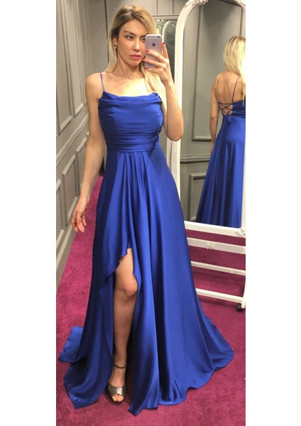 Saks Ip Askılı Yırtmaçlı Kloş Etekli Saten Uzun Abiye Elbise 7234