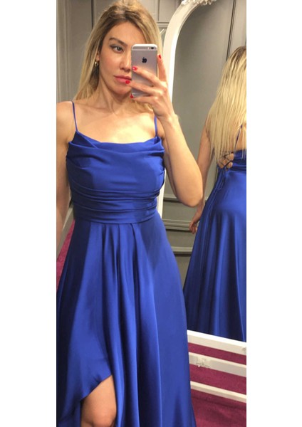 Saks Ip Askılı Yırtmaçlı Kloş Etekli Saten Uzun Abiye Elbise 7234 fiyatları