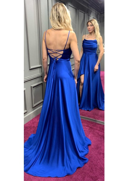 Saks Ip Askılı Yırtmaçlı Kloş Etekli Saten Uzun Abiye Elbise 7234 modelleri