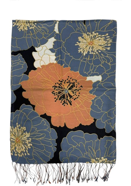 Ipekevi Desenli Ipek Şal - Ortanca Sepeti Desenli - Siyah Bakır M.mavi