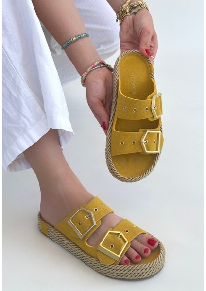 Sarı Nubuk Çift Tokalı Kadın Düz Terlik modelleri