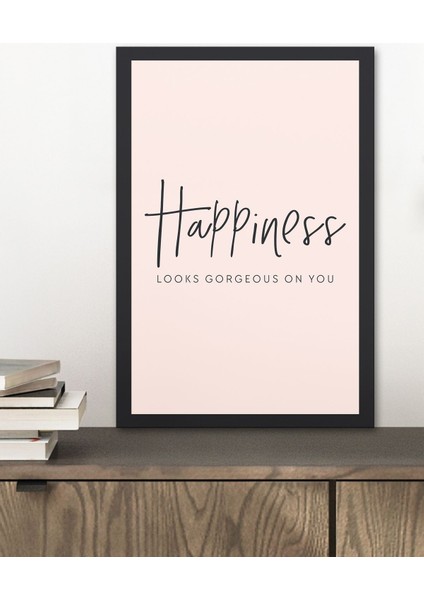 1 Adet Happiness Yazılı Ahşap Siyah Çerçeve Görünümlü Mdf Tablo