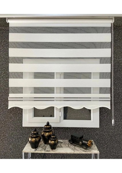 Krem Geniş Pliseli Zebra Stor Perde Eteği Dilimli (Alüminyum Kasa+Metal Ayak modelleri