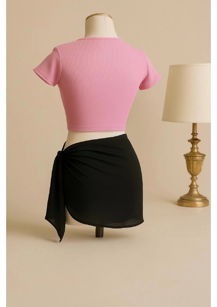 Kadın Pembe Yarım Kol Crop ve Siyah Pareo 2'li Set fiyatları