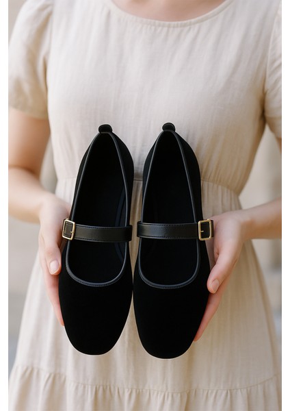 Kadın Babet Ayakkabı Kadife Altın Tokalı Şık Hafif Ortopedik Ses Yapmaz Taban