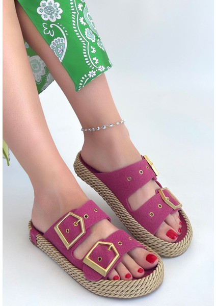 Pemba Nubuk Çift Tokalı Kadın Düz Terlik