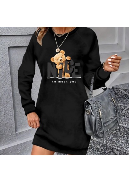 Kadın Uzun Kollu Bisiklet Yaka Ayı Desenli Viskon Iki Iplik Elbise