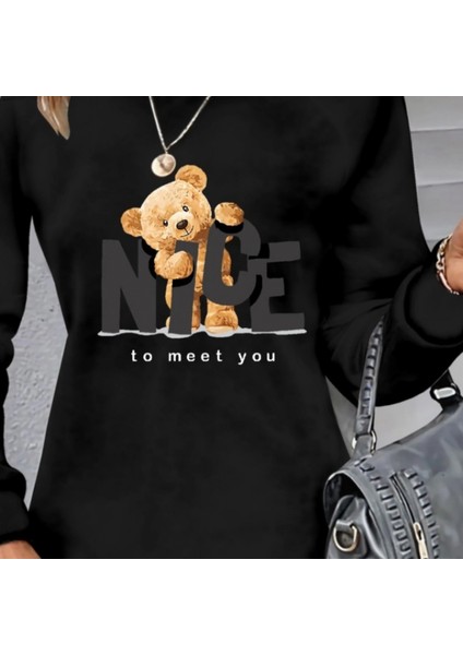 Kadın Uzun Kollu Bisiklet Yaka Ayı Desenli Viskon Iki Iplik Elbise fiyatları