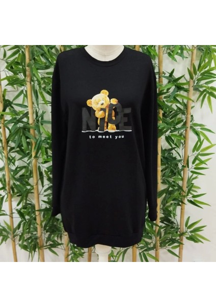 Kadın Uzun Kollu Bisiklet Yaka Ayı Desenli Viskon Iki Iplik Elbise fırsatları