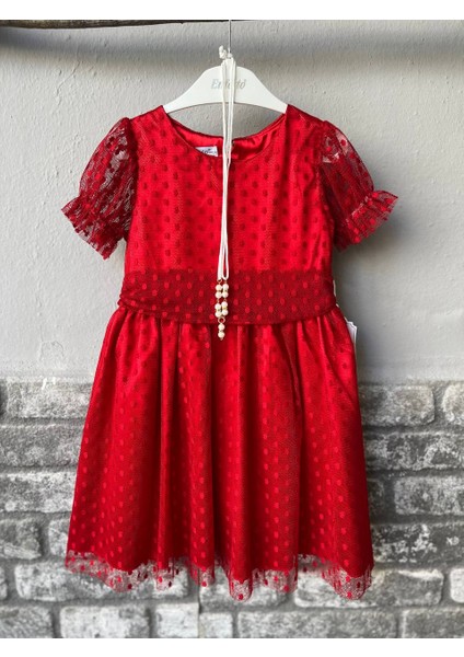 Kız Çocuk Puantiyeli Kırmızı Tüllü Elbise Kız Çocuk Kına Elbisesi Astarlı Tüllü Kız Çocuk Abiye