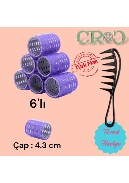 1215 Büyük Boy Bigudi 6lı Cırtlı - Yapışkanlı Saç Bigudisi Mor Çap: 4.5cm