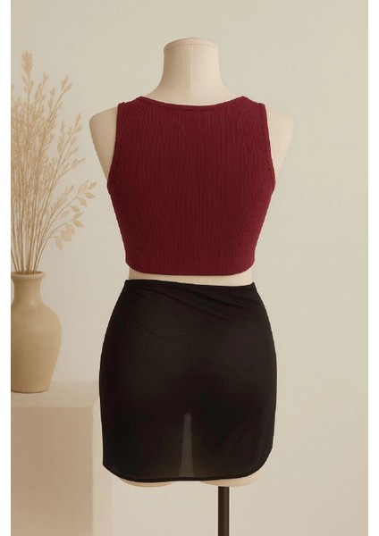 Kadın Bordo Yuvarlak Yaka Crop ve Siyah Pareo 2'li Set fiyatları