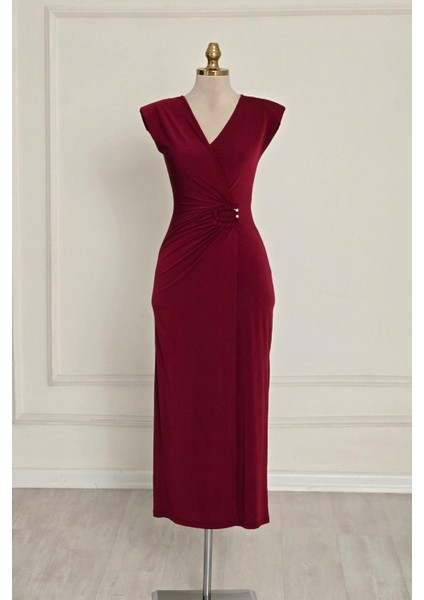 Bordo V Yaka Tokalı Elbise 251622