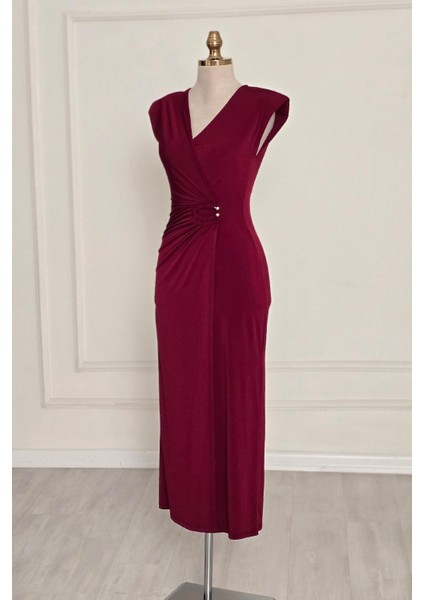 Bordo V Yaka Tokalı Elbise 251622 indirimleri