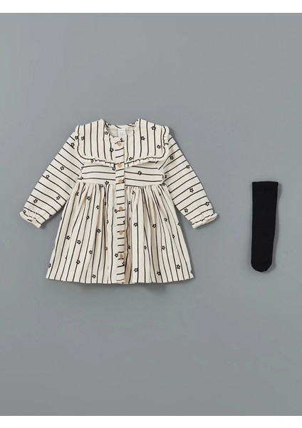 Lcw Baby Ekru Bebe Yaka Çiçekli Kız Bebek Elbise ve Külotlu Çorap 2'li