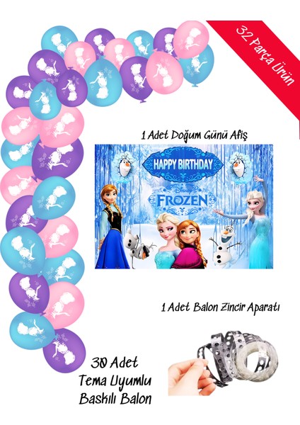 Frozen Elsa Karlar Kraliçesi Balon ve Afişli Doğum Günü Parti Süsleri Zincir Balon Seti