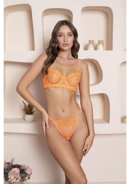 Secretsita Özel Tasarım Turuncu Dantel Işlemeli Desteksiz Brode Sütyen Takımı fiyatları