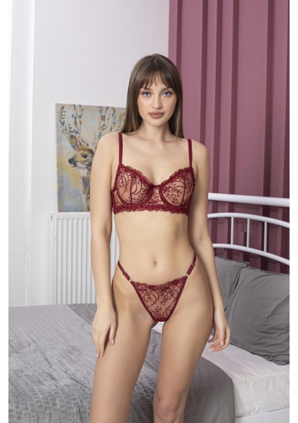 Secretsita Özel Tasarım Bordo Dantel Işlemeli Desteksiz Brode Sütyen Takımı modelleri