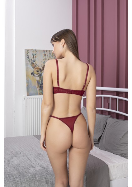 Secretsita Özel Tasarım Bordo Dantel Işlemeli Desteksiz Brode Sütyen Takımı fırsatları
